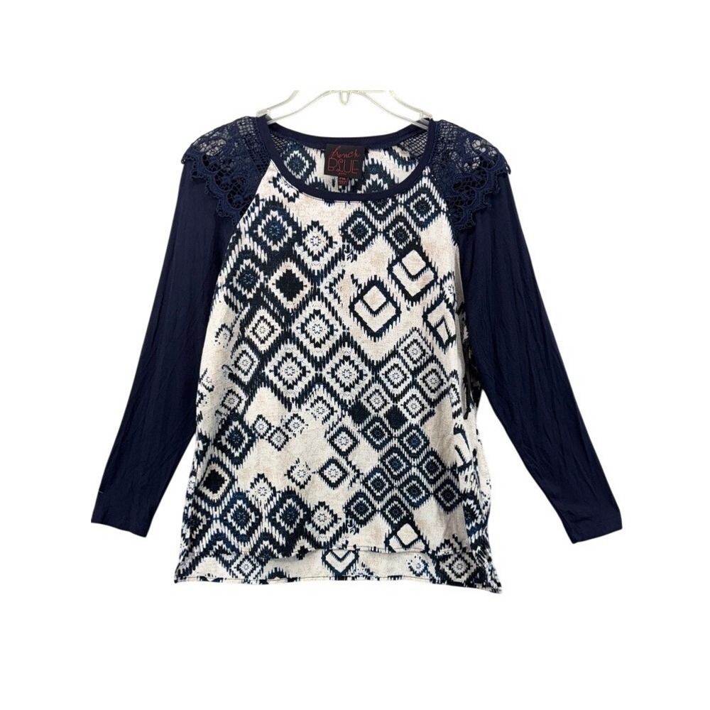 French Blue Shirt Women PM Petite Blue‎ Geometric Lace Shoulders Raglan Boho